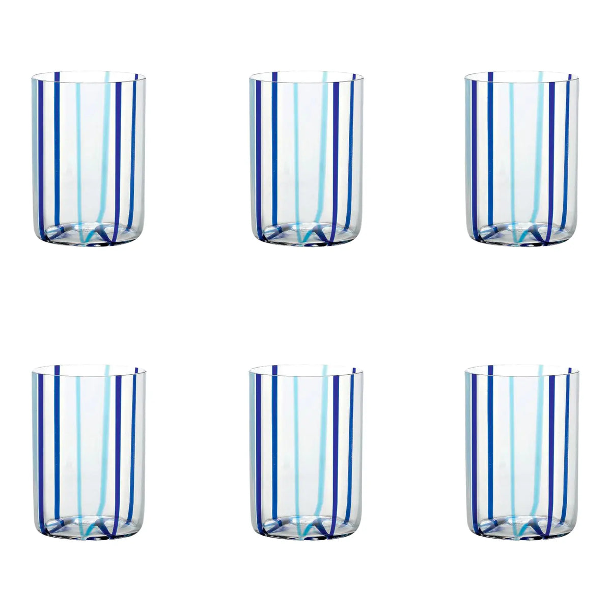 The Zafferano Tirache Tumbler Aquamarine & Blue Set of 6 features clear glasses with vertical blue stripes, arranged in two rows of three on a white background. These all-purpose tumblers are dishwasher safe for easy cleaning.