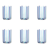 The Zafferano Tirache Tumbler Aquamarine & Blue Set of 6 features clear glasses with vertical blue stripes, arranged in two rows of three on a white background. These all-purpose tumblers are dishwasher safe for easy cleaning.