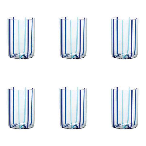 The Zafferano Tirache Tumbler Aquamarine & Blue Set of 6 features clear glasses with vertical blue stripes, arranged in two rows of three on a white background. These all-purpose tumblers are dishwasher safe for easy cleaning.