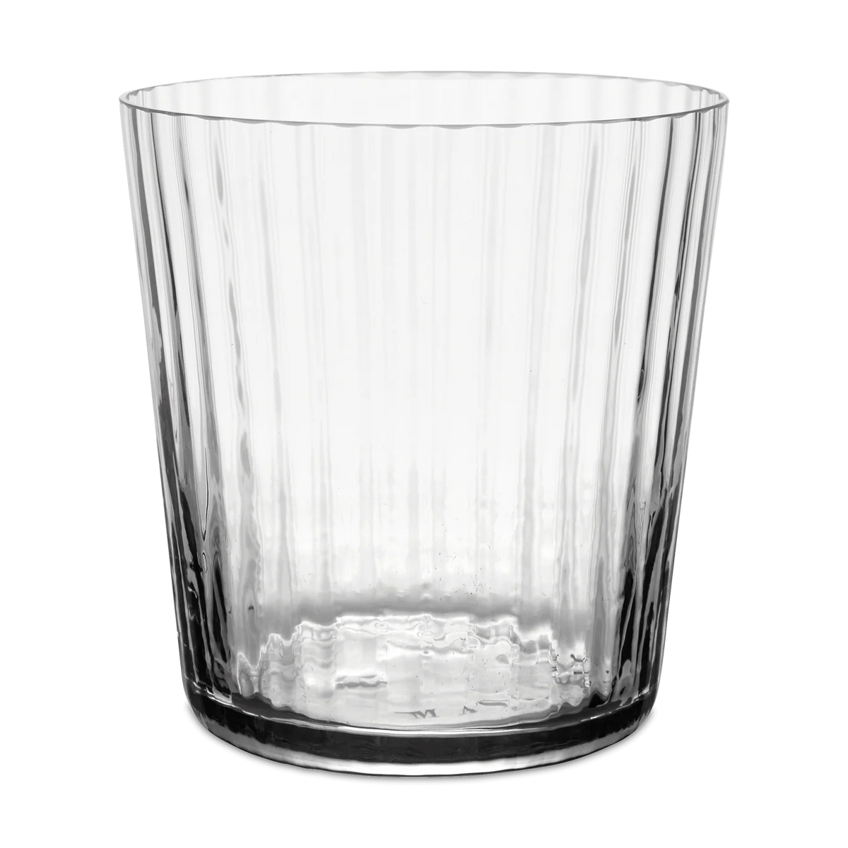 The MATCH Lando Pleat Glassware is a clear, empty tumbler featuring vertical ridges and crafted with mouth-blown glass techniques, displayed against a plain white background.