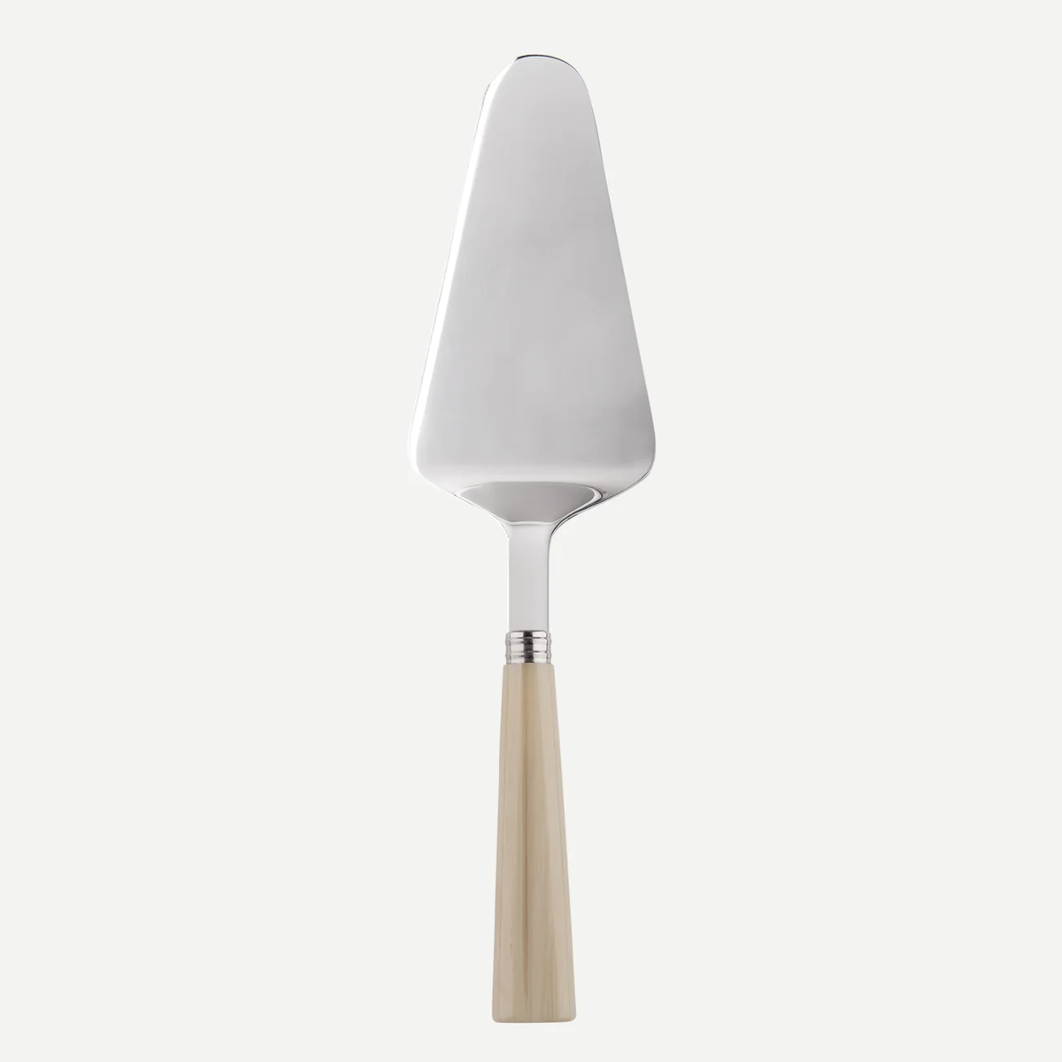 The Sabre Nature Tart Server features a triangular, flat metal blade and a chocolate-toned wood handle. Dishwasher safe for easy cleaning, this elegant utensil is shown against a plain white background.