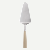 The Sabre Nature Tart Server features a triangular, flat metal blade and a chocolate-toned wood handle. Dishwasher safe for easy cleaning, this elegant utensil is shown against a plain white background.