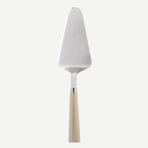 The Sabre Nature Tart Server features a triangular, flat metal blade and a chocolate-toned wood handle. Dishwasher safe for easy cleaning, this elegant utensil is shown against a plain white background.