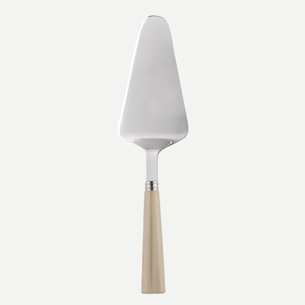 The Sabre Nature Tart Server features a triangular, flat metal blade and a chocolate-toned wood handle. Dishwasher safe for easy cleaning, this elegant utensil is shown against a plain white background.