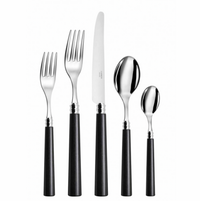 Five pieces of Capdeco Marat Wood Flatware—two forks, a knife, a soup spoon, and a teaspoon—stand upright in a row, each featuring stainless steel heads and wood handles.