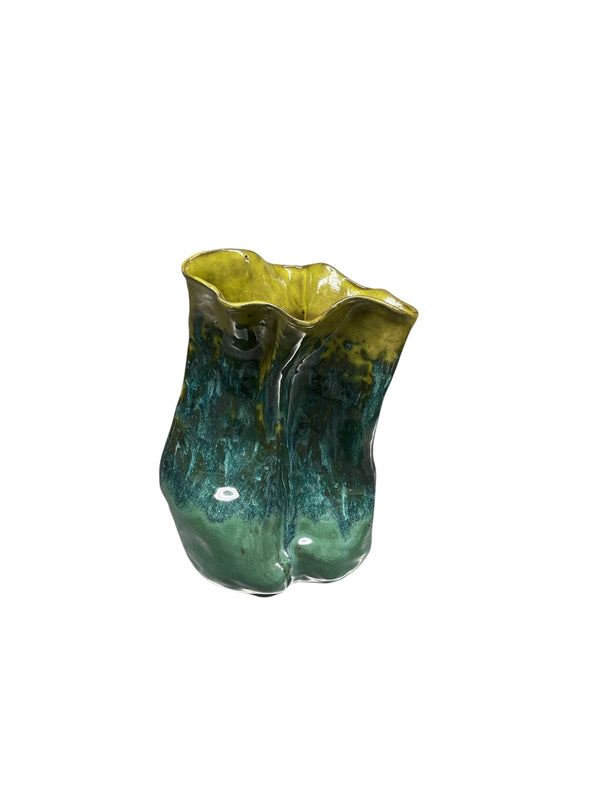 The Sack Vase Green Yellow - by David Changar features an artisanal, wavy rim and a hand-glazed finish with green, blue, and yellow tones for a natural, organic look.