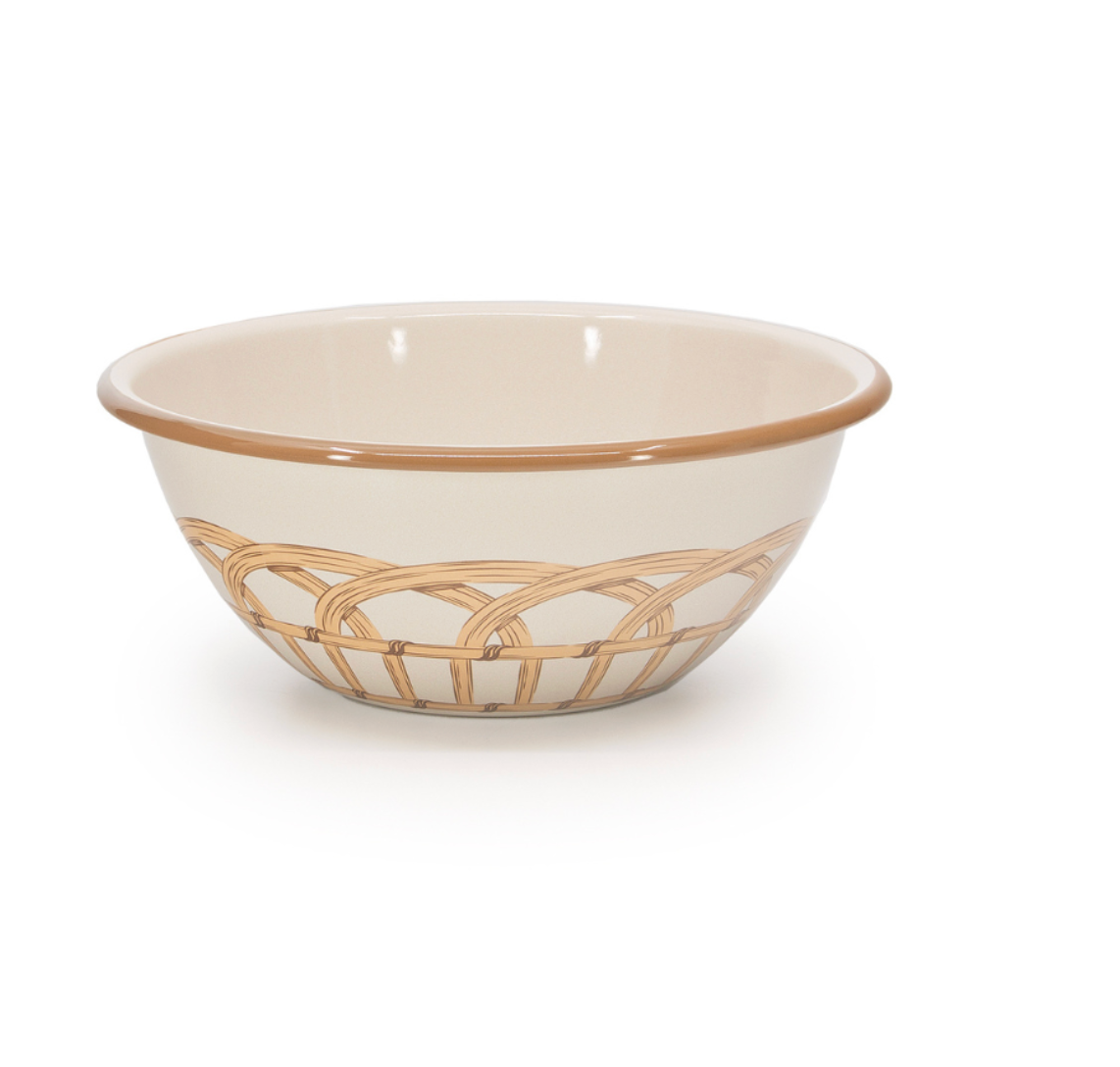 The Domino Wicker Serving Bowl Almond - Small by Crow Canyon Home is a ceramic bowl with a beige interior and rim, and a decorative exterior pattern resembling woven wicker.