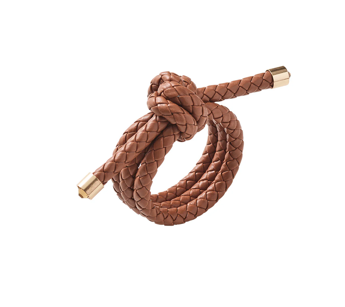 The Kim Seybert Rope Knot Napkin Ring Set of 4, made from braided brown faux leather with metallic gold caps in a loose knot design, adds subtle coastal flair to your table, shown here against a white background.