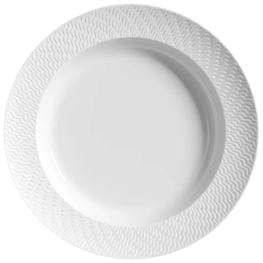 A Waves Relief N°41 Dinnerware plate by Meissen, crafted from white ceramic with a broad, subtly wavy textured rim inspired by the iconic MEISSEN Waves Relief motif, is shown from above against a light background.