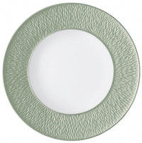 The Mineral Irise Dinnerware - Celadon plate by Raynaud features a textured light green rim and smooth white center, crafted from Limoges porcelain and shown from above.