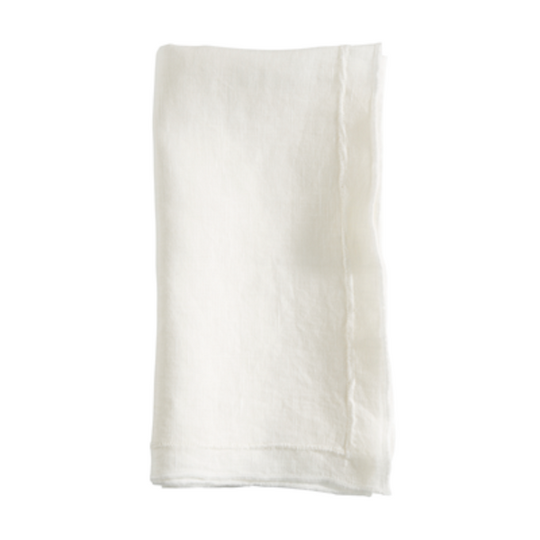 The Saro Trading Overlock Stonewash Border Napkin, a plain white cloth napkin with subtly frayed edges for a classic touch, is displayed neatly folded against a white background.