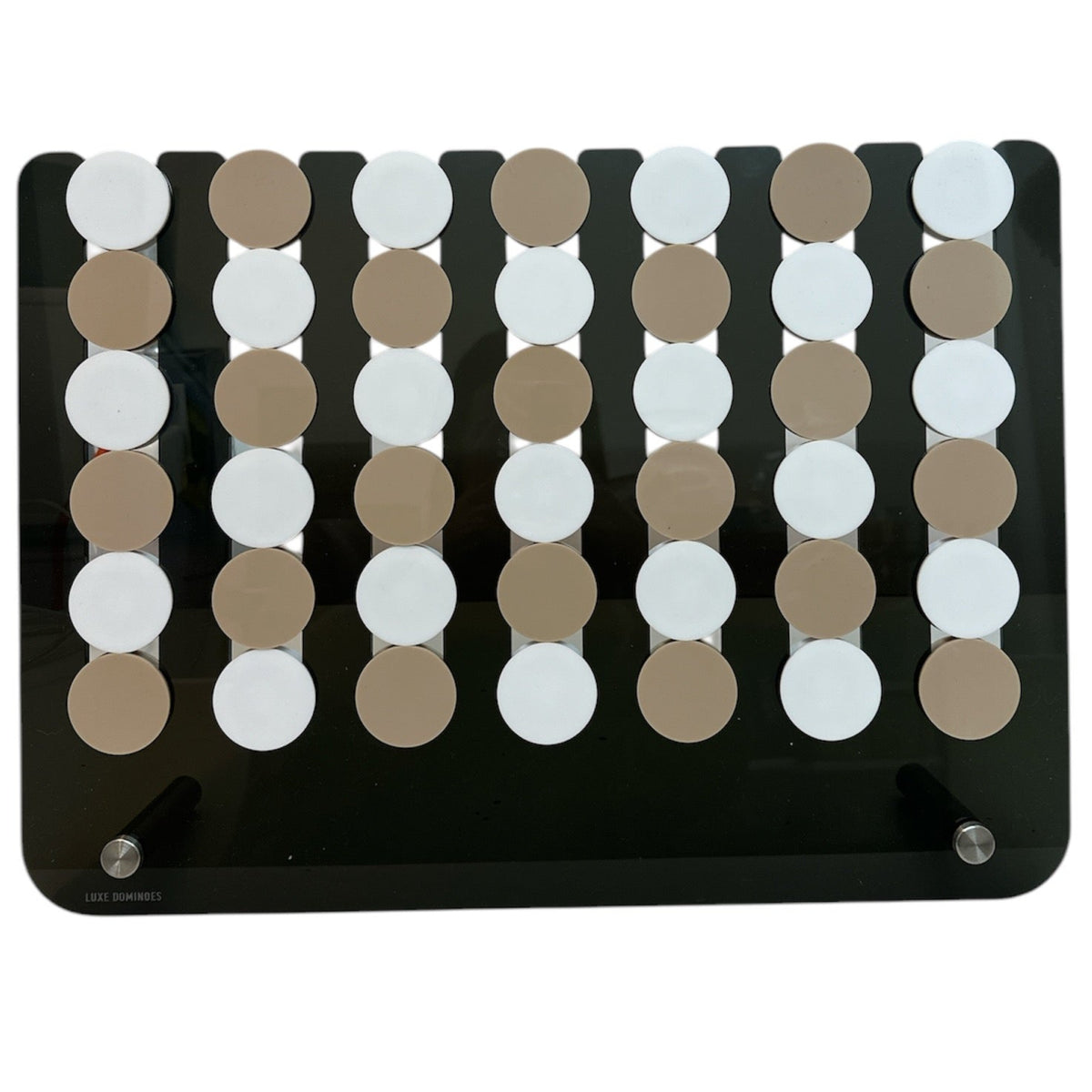 The Connect Four JUMBO EDITION El Cuatro by Luxe Dominoes is a rectangular black oversized board game with five vertical rows of alternating beige and white disks—perfect for adding fun to family game night.