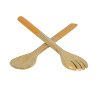 The Albert L Bamboo Classic Salad Servers Set Long features two large, eco-friendly servers—one spoon and one fork with orange handles—crossed in an X shape on a white background for stylish serving.