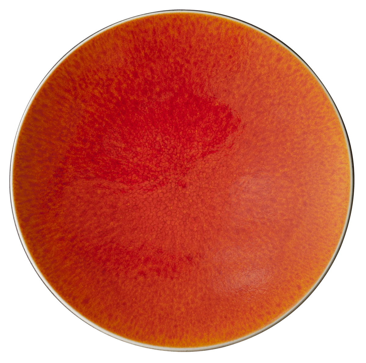 The Tourron Dinnerware Orange by Jars is a round ceramic plate with a glossy finish, featuring a vibrant red and orange gradient glaze, textured fiery pattern radiating from the center, and a thin dark rim.