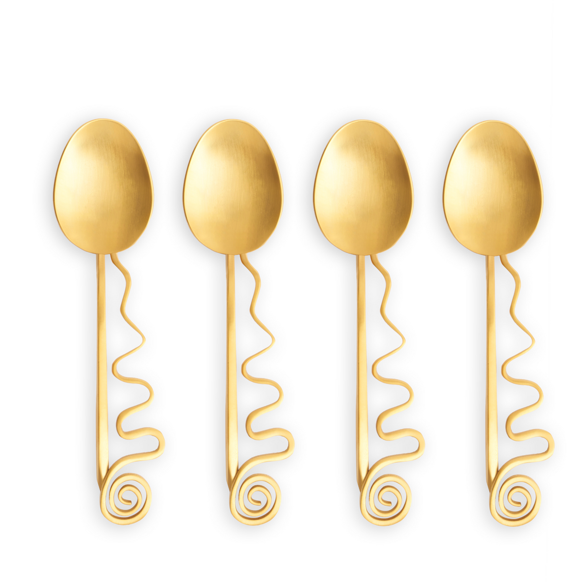 The Spirale Gold Cocktail Spoons Set of 4 by L'Objet features wavy handles with spiral ends and shiny 24k gold plating, arranged in a row on a white background.