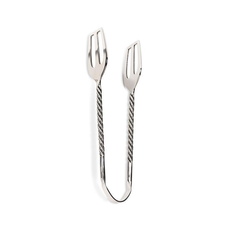 The Abbott Collection Twist Handle Ice Tongs feature forked ends and a stylish twisted handle design, crafted from durable stainless steel. Presented on a white background, these tongs are dishwasher safe, offering both elegance and practicality.