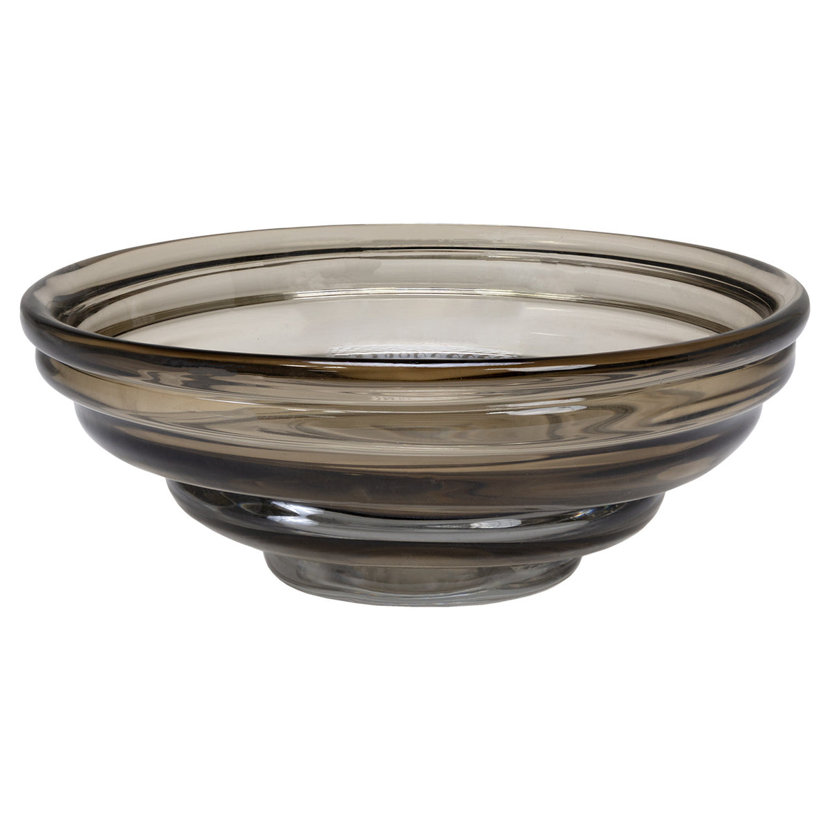 The Cameron Art Glass Bowl by Kavana features a dark grey hue and stepped design, making it an ideal decorative centerpiece for modern interiors.