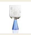 The Peony Goblet Set of 2 by Current Home features clear handcrafted glassware with etched floral designs and a wide cylindrical bowl on a blue conical stem, displayed against a plain white background.