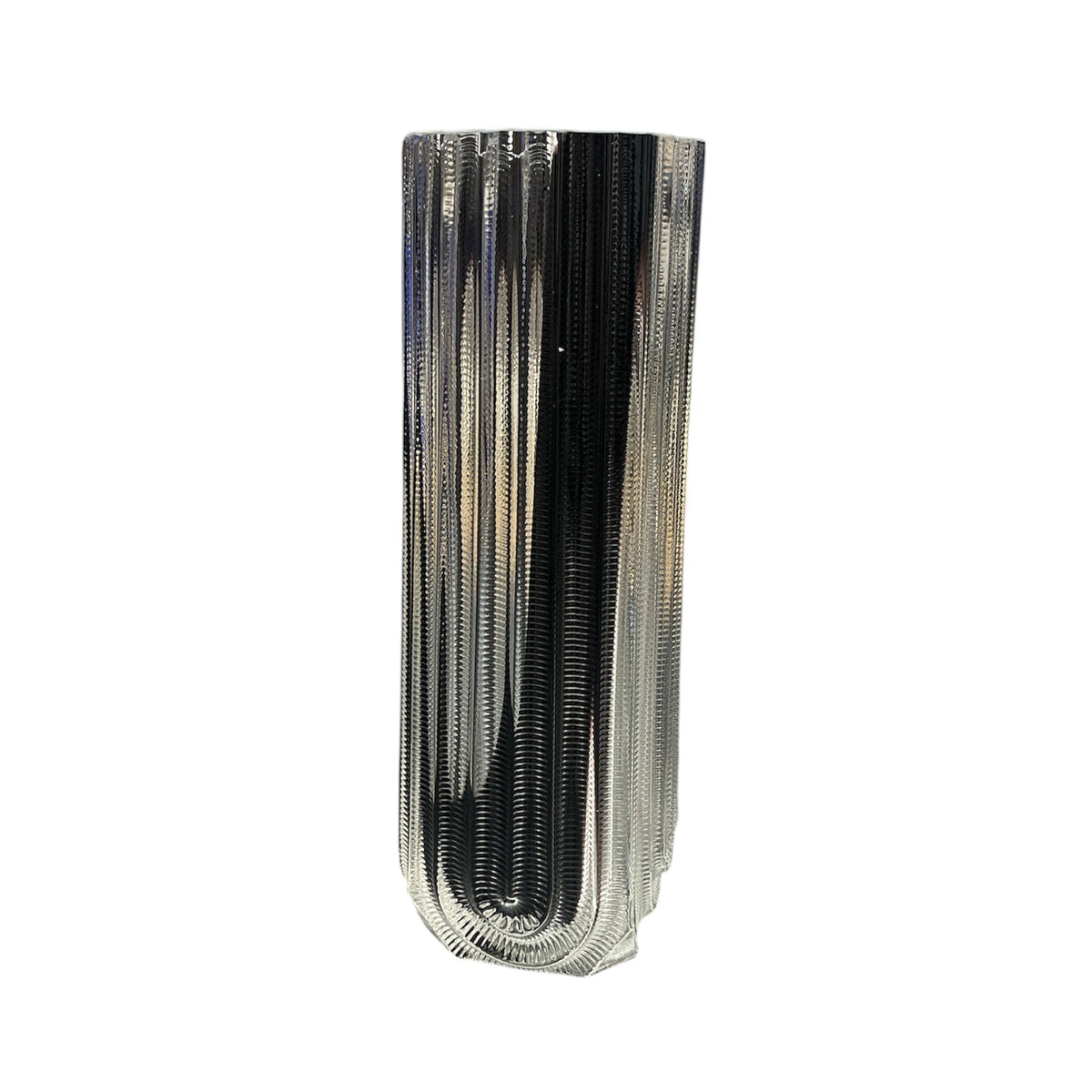 The Heater Vase - Black Splash by Matt Kolbrener features a tall, rectangular form with vertical ridges and a glossy metallic finish, showcasing industrial modern style against a plain white background.