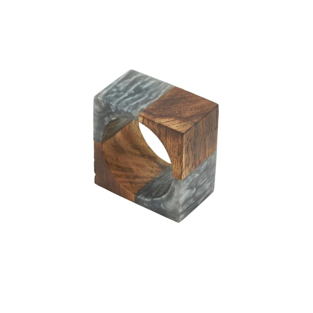 The Saro Trading Two Tone Cube Napkin Ring Grey Set of 4 features handmade square rings with natural wood and marbled gray resin, a circular center, and a rustic-modern style for stylish table décor.