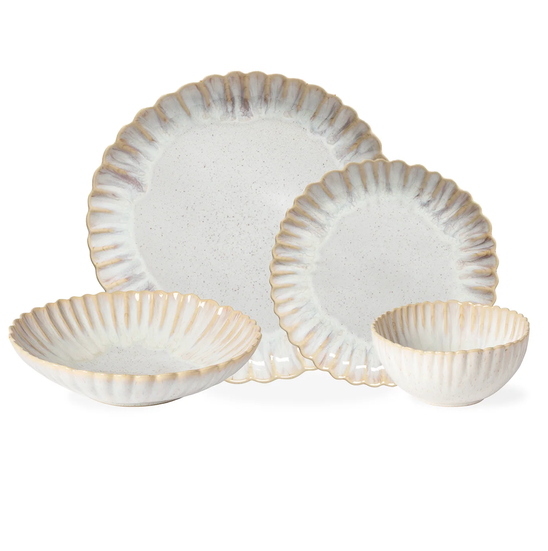 The Casafina Mallorca Dinnerware set includes four white ceramic pieces—two plates and two bowls in different sizes—with scalloped, textured edges and a subtle beige rim for an elegant look.