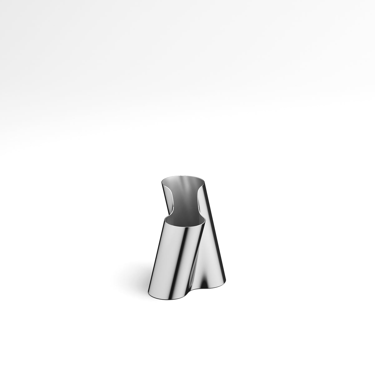 A shiny, abstract silver metal sculpture stands on a white surface. Reminiscent of the Georg Jensen Lituus Vase, it has a curved, twisting form with smooth, reflective surfaces and a hollow center—evoking the elegance of the hand-polished stainless steel Lituus Vase by Georg Jensen and giving it a modern, minimalist appearance.