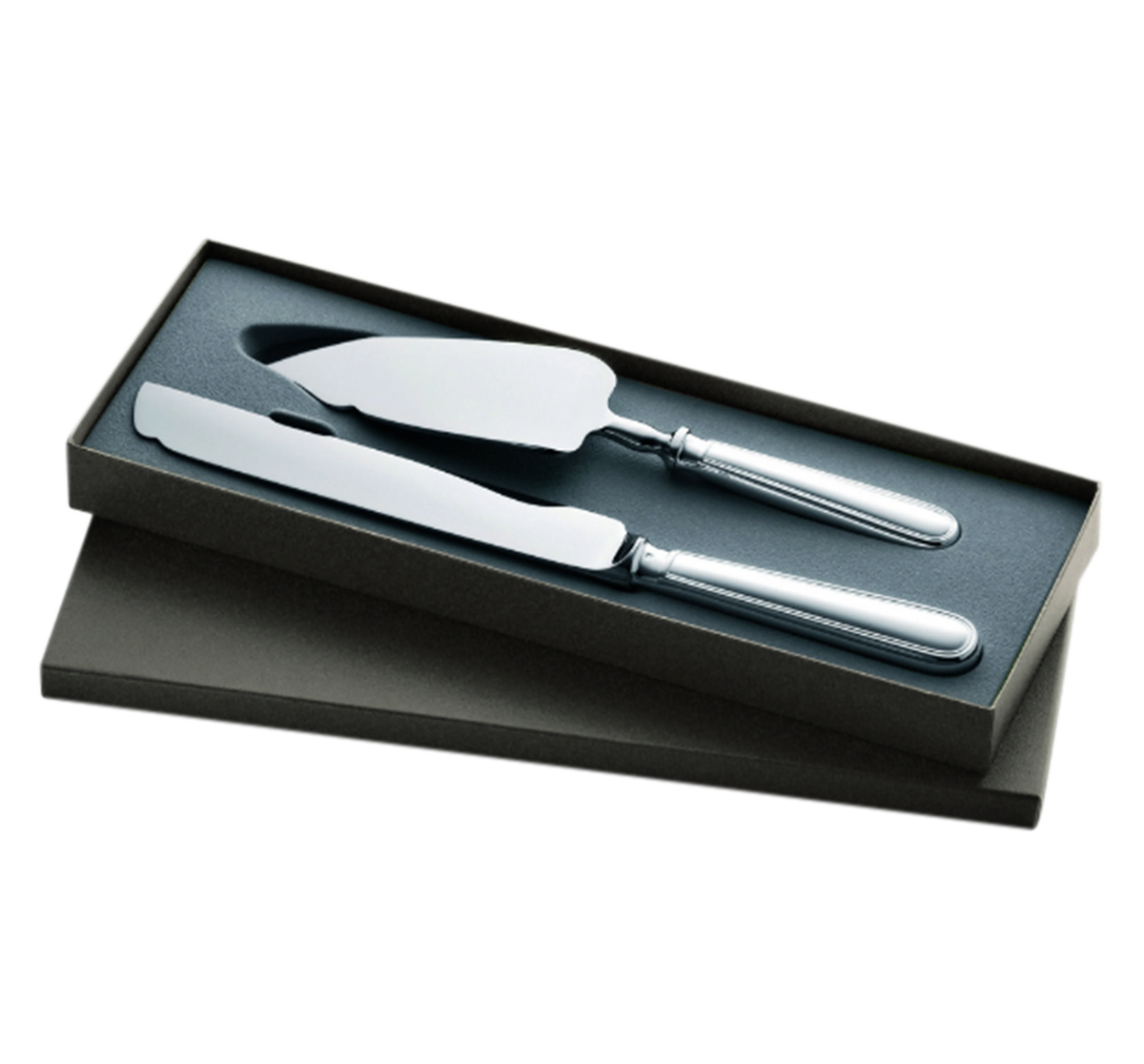 The Christofle Albi Serving Pieces - Silver Plated set features an elegant cake server and serrated dinner knife with silver handles, beautifully presented in a fitted black foam insert inside an open black box.