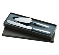 The Christofle Albi Serving Pieces - Silver Plated set features an elegant cake server and serrated dinner knife with silver handles, beautifully presented in a fitted black foam insert inside an open black box.