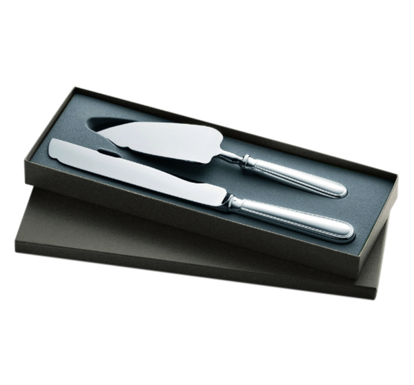 The Christofle Albi Serving Pieces - Silver Plated set features an elegant cake server and serrated dinner knife with silver handles, beautifully presented in a fitted black foam insert inside an open black box.
