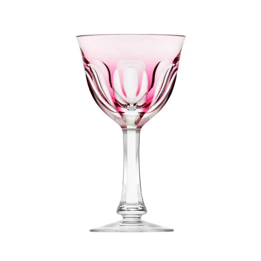 The Moser Lady Hamilton White Wine Glass features a clear crystal bowl tinted pink at the rim, with elegant curves and patterns on a slender stem and round base—showcasing Moser's exquisite craftsmanship.