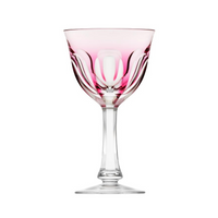 The Moser Lady Hamilton White Wine Glass features a clear crystal bowl tinted pink at the rim, with elegant curves and patterns on a slender stem and round base—showcasing Moser's exquisite craftsmanship.