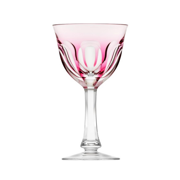 The Moser Lady Hamilton White Wine Glass features a clear crystal bowl tinted pink at the rim, with elegant curves and patterns on a slender stem and round base—showcasing Moser's exquisite craftsmanship.
