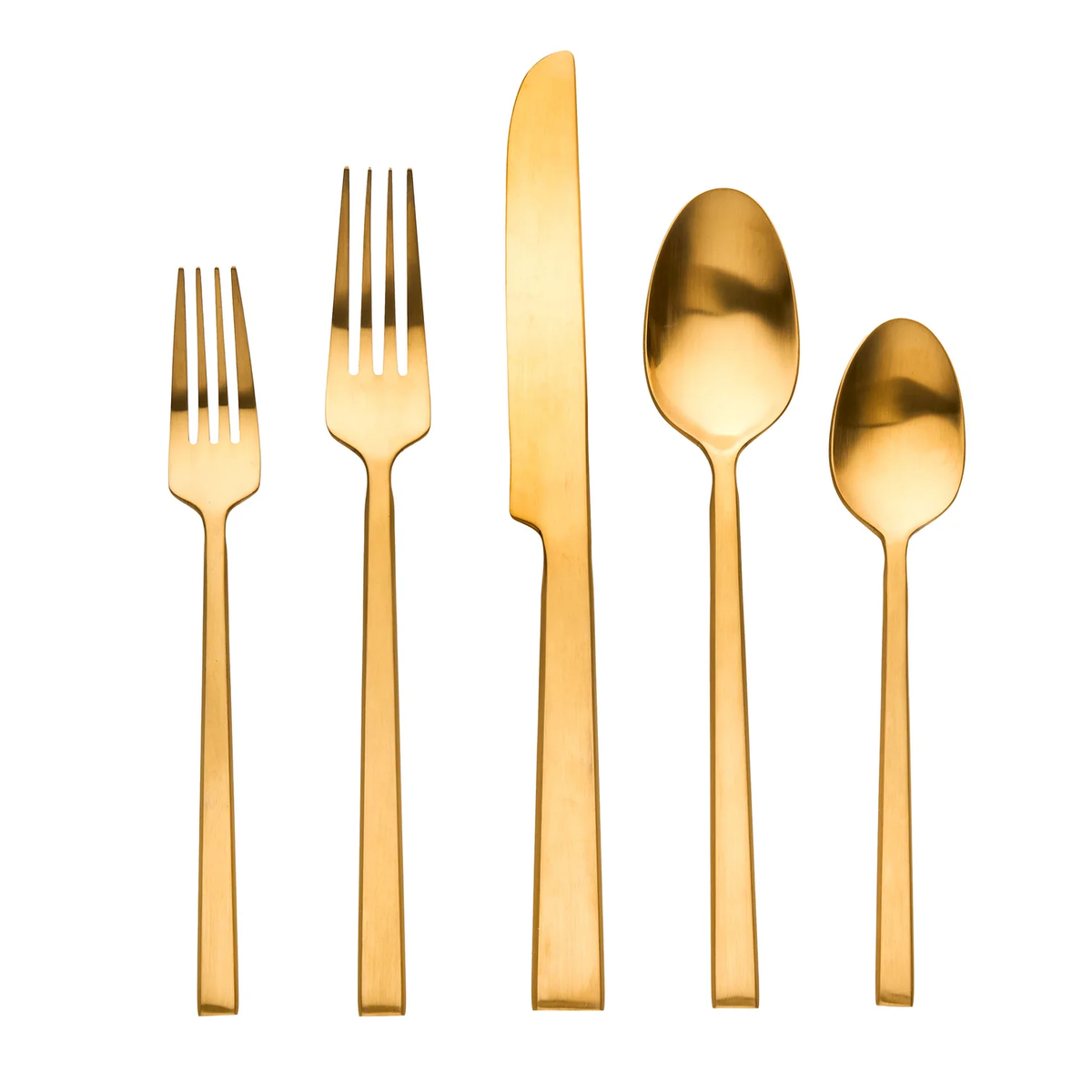 The Ricci Hover Flatware 5 Piece Setting in matte gold, featuring two forks, a knife, a tablespoon, and a teaspoon, is arranged in a row on a white background.