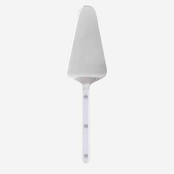 The Sabre Bistro Pearly Shiny Tart Server features a flat, triangular stainless steel blade and a straight pearlescent handle, shown against a plain white background.