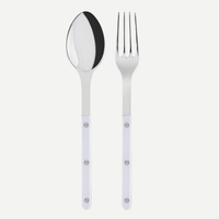 The Sabre Bistro Pearly Serving Set features a metal spoon and fork with white mother of pearl handles and three rivets, shown side by side on a white background—an elegant, customizable addition to any cutlery collection.