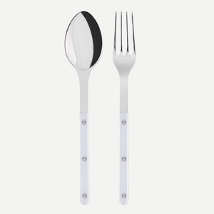 The Sabre Bistro Pearly Serving Set features a metal spoon and fork with white mother of pearl handles and three rivets, shown side by side on a white background—an elegant, customizable addition to any cutlery collection.