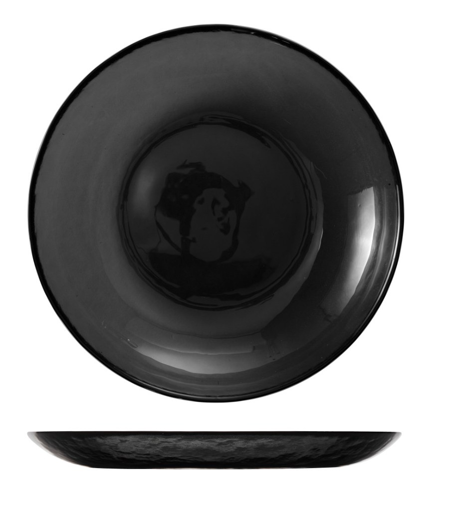 The Fortessa Los Cabos Shadow Dinnerware 4 Piece set features a round, glossy black ceramic plate shown from top and side views on a white background, highlighting its elegant design.