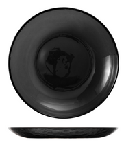 The Fortessa Los Cabos Shadow Dinnerware 4 Piece set features a round, glossy black ceramic plate shown from top and side views on a white background, highlighting its elegant design.