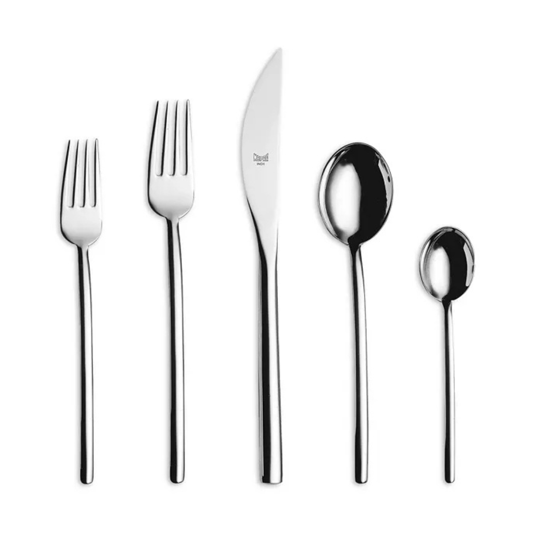 The Mepra Due Flatware 5 Piece Setting in mirror stainless steel features two forks, a knife, a soup spoon, and a teaspoon arranged side by side on a white background.