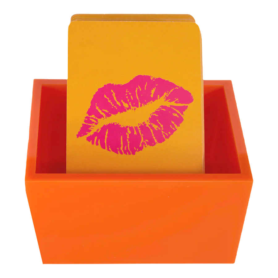 The Canasta Sets Canasta 2 Deck Holder displays yellow cards for your Canasta sets, with the front card showing a vibrant pink lip print.