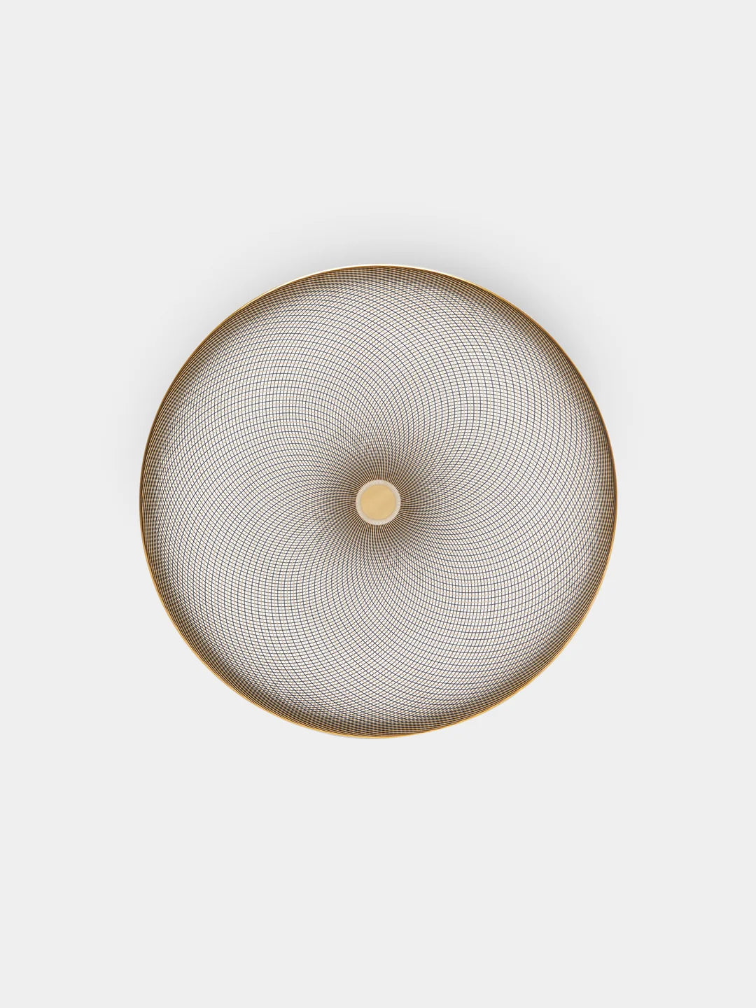 A round Oskar Dinnerware piece by Raynaud, featuring gold edges and a concentric, spiraling geometric design with a small central circle, reminiscent of elegant Limoges porcelain, viewed from above against a plain white background.
