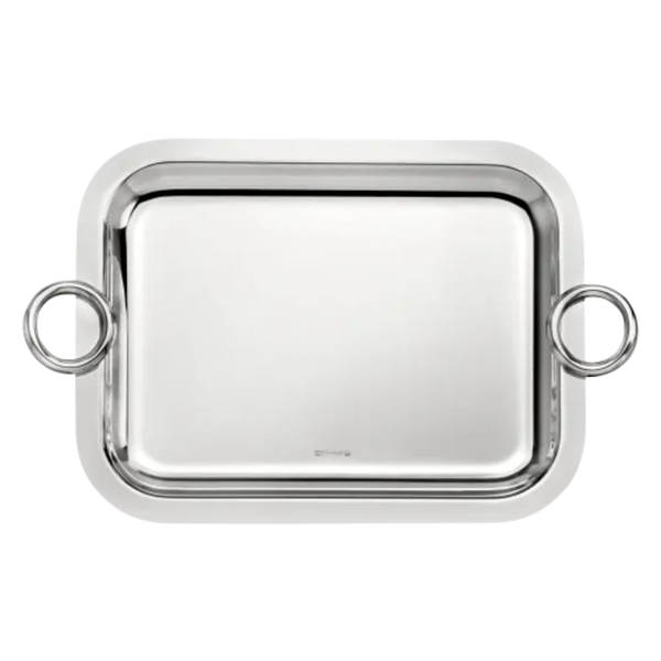 The Christofle Vertigo Silver Plated Rectangle Tray - Medium features rounded edges and two large circular side handles, crafted in stainless steel, shown on a plain light background.