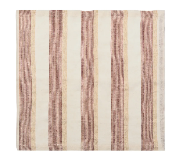A set of four rectangular napkins by Kim Seybert, featuring vertical stripes in alternating beige and reddish-brown tones on a white background, with the pattern repeating evenly across each napkin.