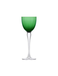 The Amadeus Hock Stemware by Saint-Louis/Hermes is a mouthblown crystal wine glass with a clear stem and base, a green bowl, and is shown against a plain white background.