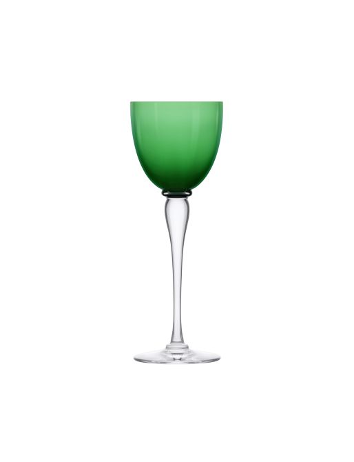 The Amadeus Hock Stemware by Saint-Louis/Hermes is a mouthblown crystal wine glass with a clear stem and base, a green bowl, and is shown against a plain white background.