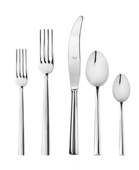The Mepra Levantina Flatware 5 Piece Setting—salad fork, dinner fork, knife, soup spoon, and teaspoon—features sleek modern handles in 18/10 stainless steel and is displayed side by side on a white background.