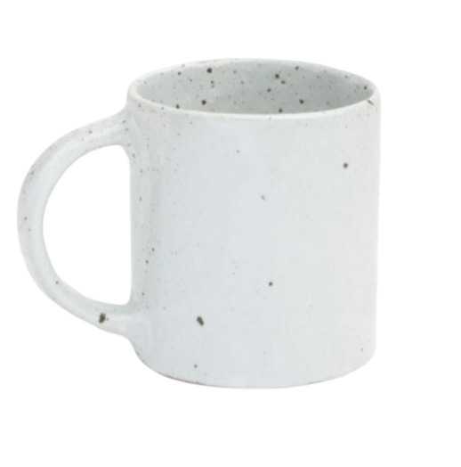 The Marcus Dinnerware - White Salt Glaze set of 4 by Blue Pheasant features white ceramic mugs with black speckles and a handle, capturing artisanal charm and pairing perfectly with handcrafted dinnerware.