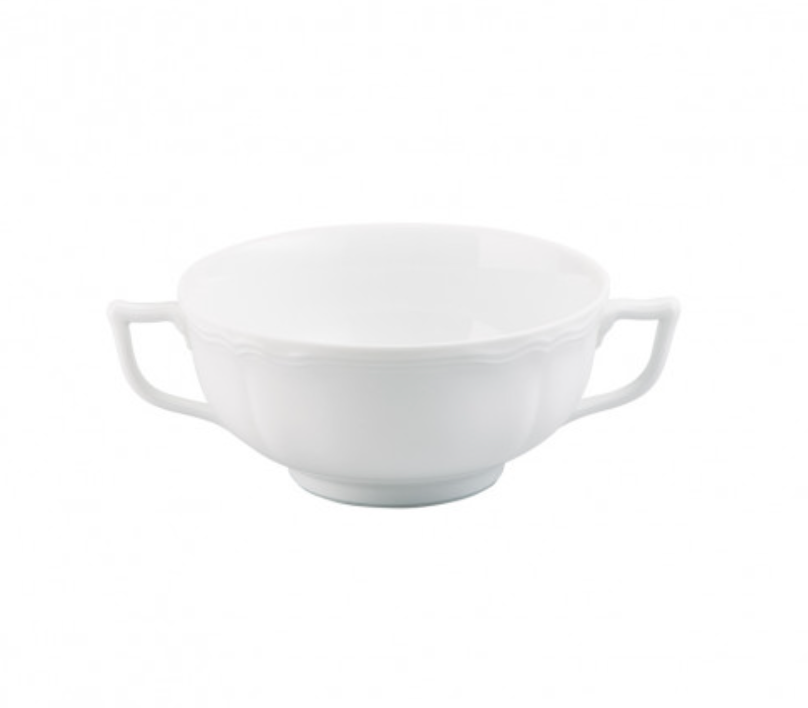 The Argent White Dinnerware soup bowl by Raynaud features two side handles and is crafted from elegant Limoges porcelain, shown here against a plain white background.