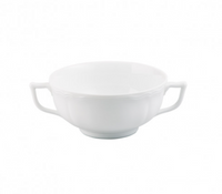 The Argent White Dinnerware soup bowl by Raynaud features two side handles and is crafted from elegant Limoges porcelain, shown here against a plain white background.