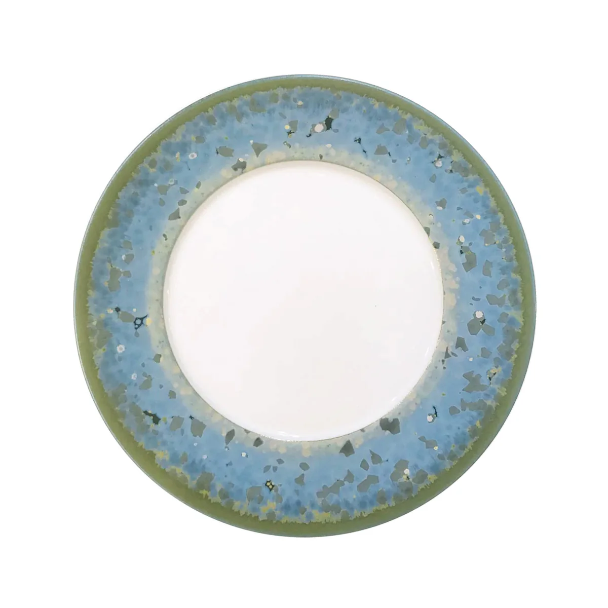 The Nymphea Dinnerware plate by Jaune De Chrome features Limoges porcelain, a plain white center, and a wide rim with an irregular blue and green speckled artistic design.